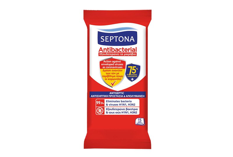 Septona Αντιβακτηριακά μαντηλάκια χεριών με 75% οινόπνευμα (15 τμχ)